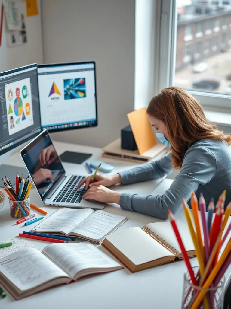 A creative visual representing content creation, such as a person writing on a laptop with various design elements and graphics surrounding them.