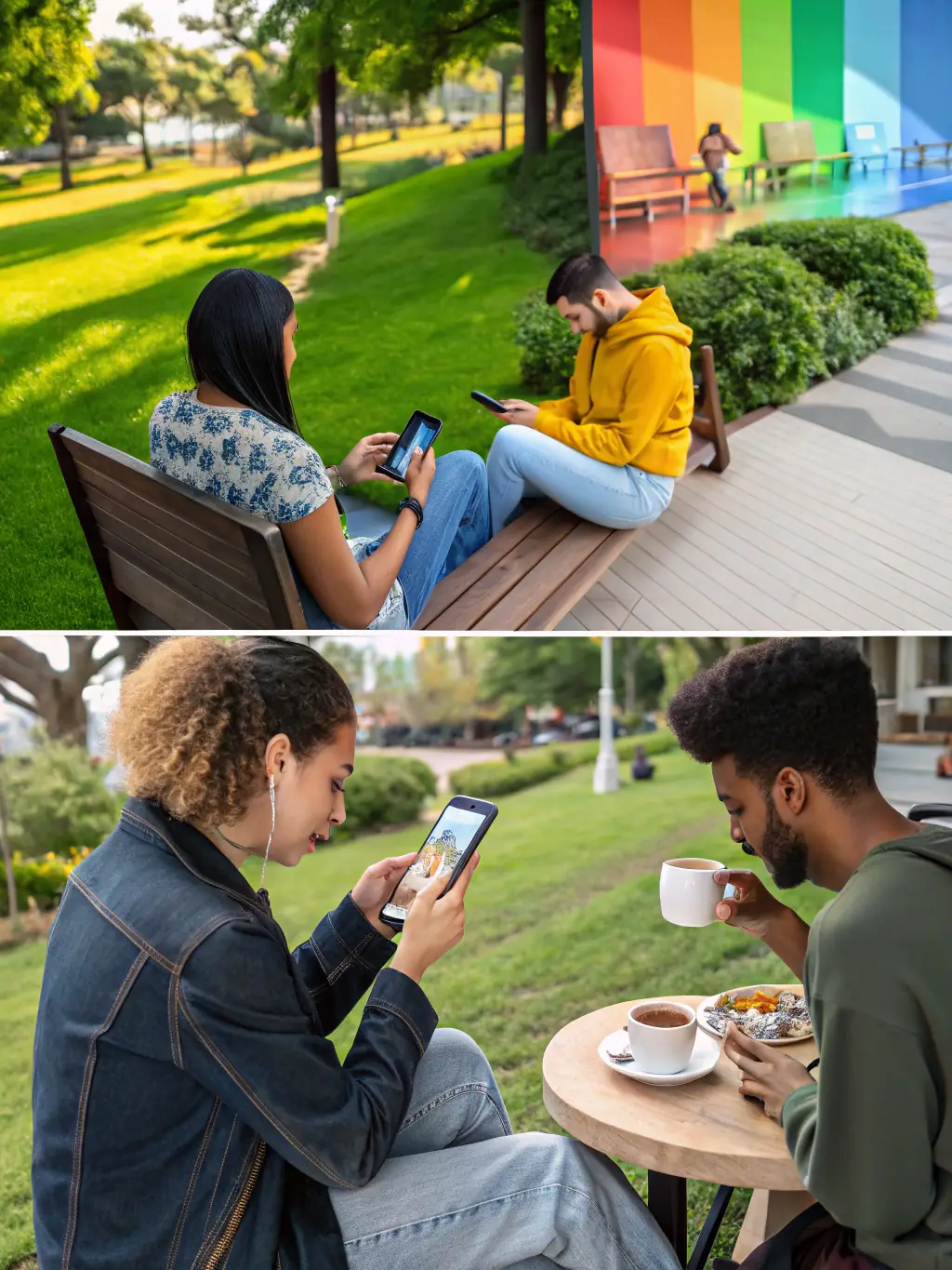 A diverse group of people using a mobile app on their smartphones in various settings, highlighting the broad reach and accessibility of mobile apps.
