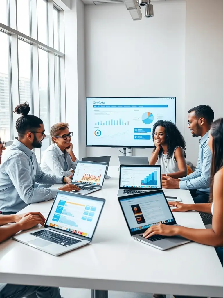 A professional photograph of a team brainstorming SEO strategies around a table, with laptops displaying keyword research tools and data analytics dashboards.