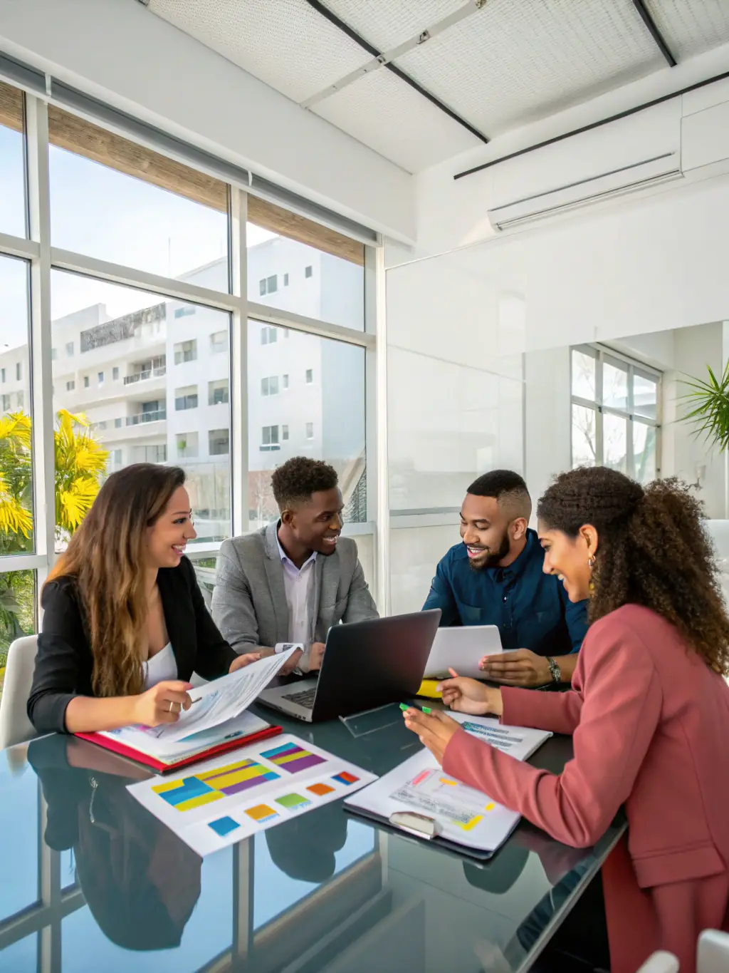 A professional team collaborating on a digital marketing strategy in a modern office setting, emphasizing expertise.