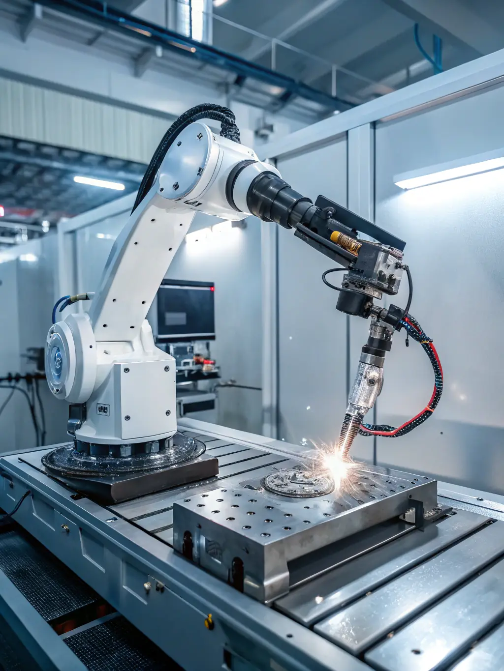A digital illustration depicting a robotic arm automating a series of tasks on a computer screen, symbolizing the automation of repetitive processes for ART Media Solutions' clients.